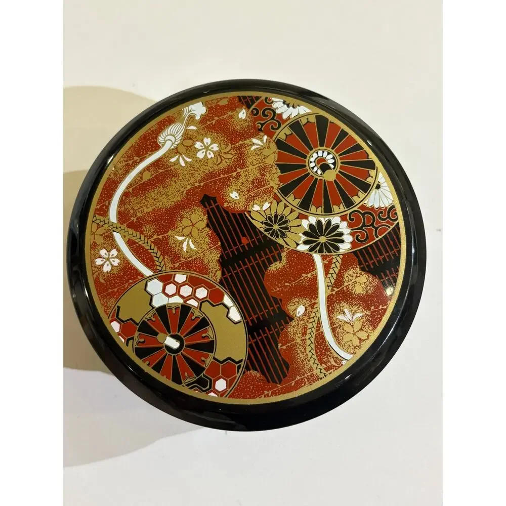 Small Round Decorative Black Lacquered Japanese Storage Stash Box gold